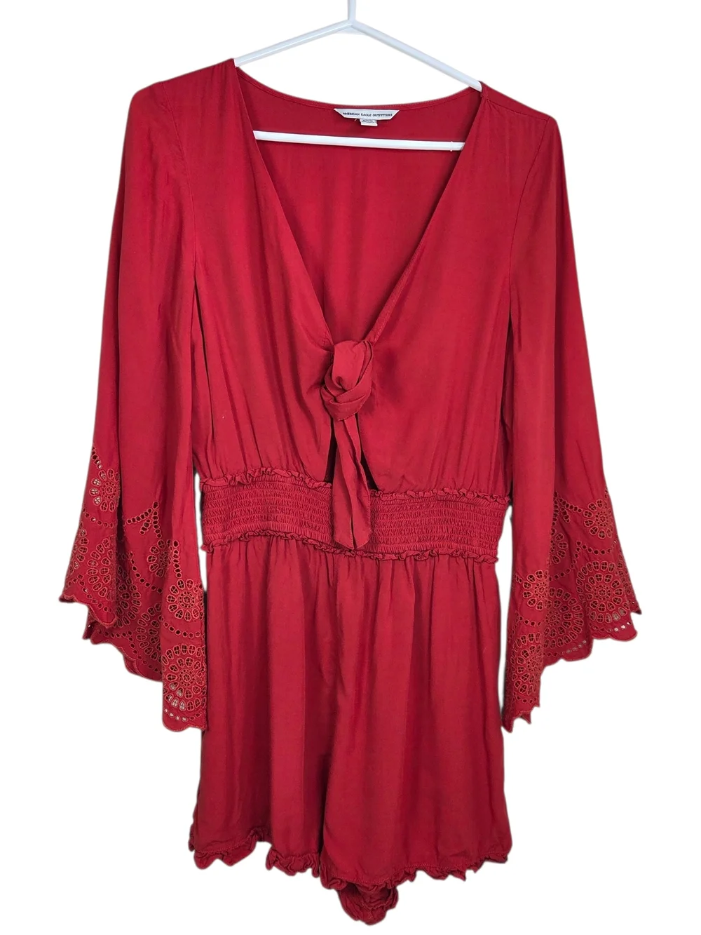 American Eagle Outfitters Blood Orange Tie-Front Romper with Eyelet Bell Sleeves - Picture 2 of 9